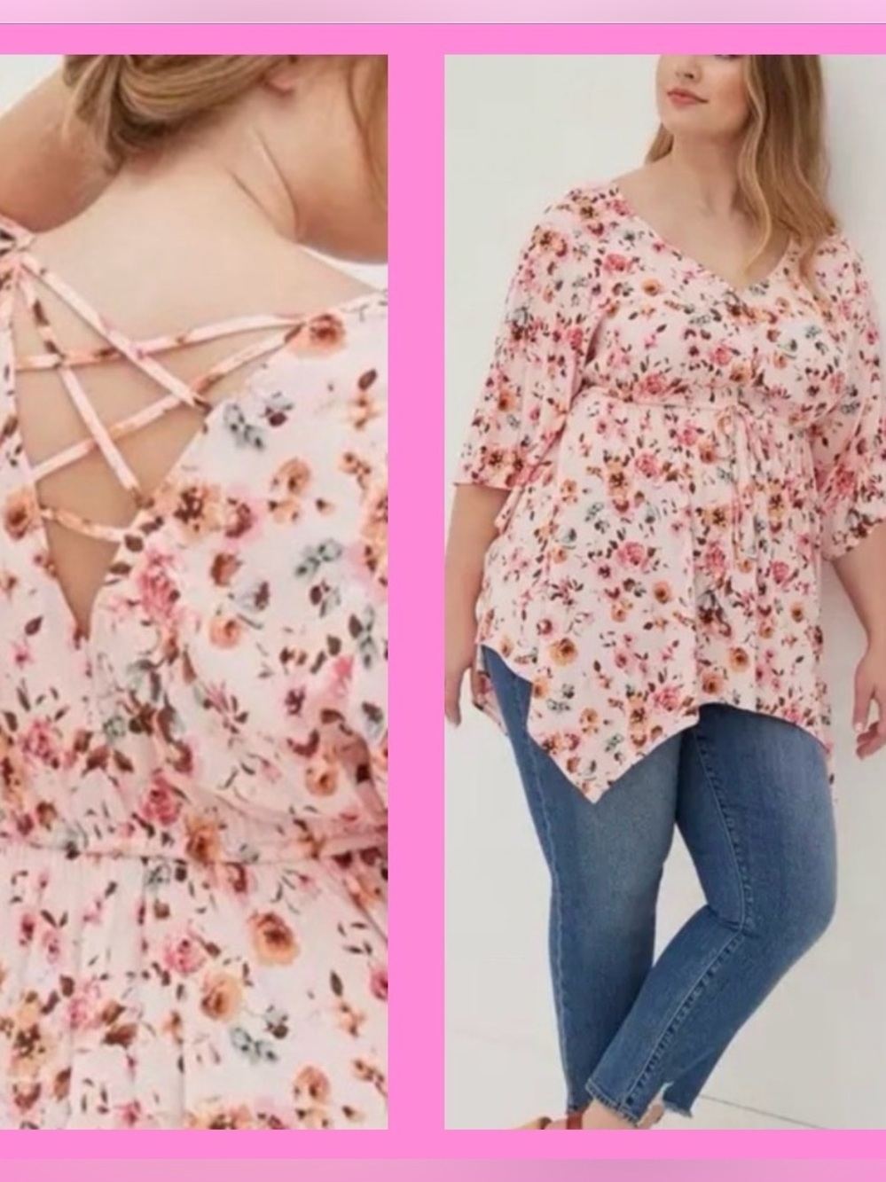 torrid Pink Floral Lace-Up Back V-Neck Tunic